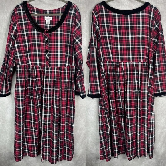 Lanz Of Salzburg Plaid Velvet Trim Flannel Nightgown Dress In Red Size 2X - Picture 1 of 7
